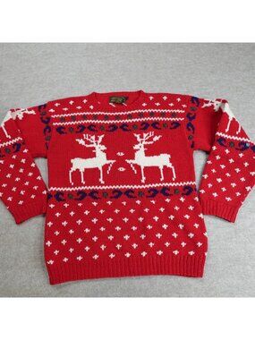 Eddie Bauer Sweater Small Red Christmas Reindeer 100% Wool